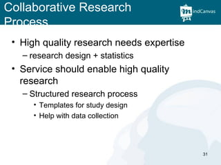 Collaborative Research Process High quality research needs expertise research design + statistics Service should enable high quality research Structured research process Templates for study design Help with data collection  