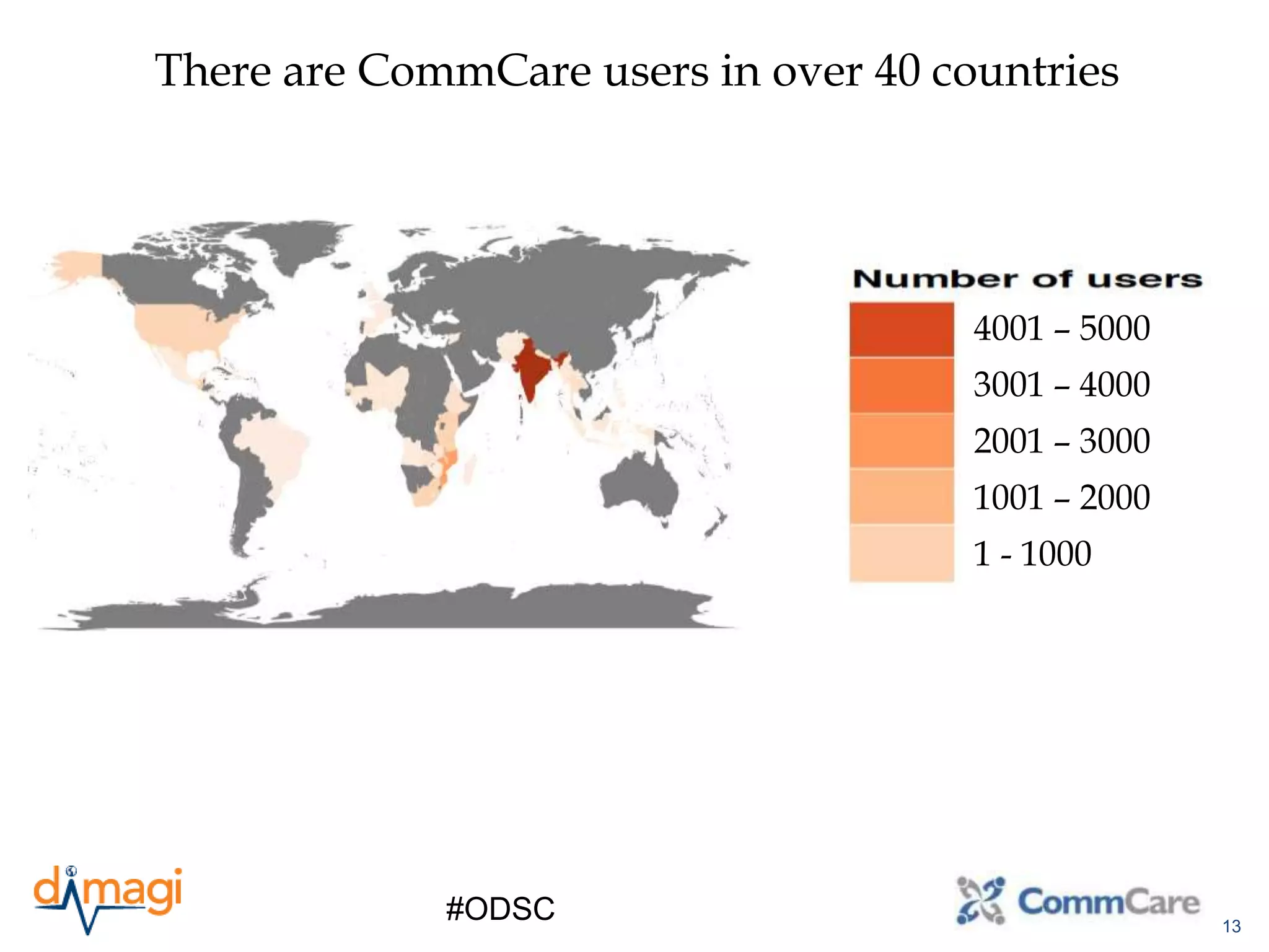 13
#ODSC
There are CommCare users in over 40 countries
4001 – 5000
3001 – 4000
2001 – 3000
1001 – 2000
1 - 1000
 