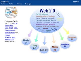 facebook
Home Profile Friends Messages
Search
Examples of Web
2.0 include social
networking
sites, blogs, wikis,
Folksonomies ,
video sharing sites,
Hosted
services, Web
applications,
and mashups
 