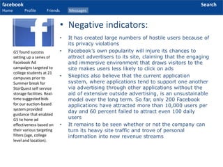 facebook
Home Profile Friends Messages
Search
• It has created large numbers of hostile users because of
its privacy violations
• Facebook’s own popularity will injure its chances to
attract advertisers to its site, claiming that the engaging
and immersive environment that draws visitors to the
site makes users less likely to click on ads
• Skeptics also believe that the current application
system, where applications tend to support one another
via advertising through other applications without the
aid of extensive outside advertising, is an unsustainable
model over the long term. So far, only 200 Facebook
applications have attracted more than 10,000 users per
day and 60 percent failed to attract even 100 daily
users
• It remains to be seen whether or not the company can
turn its heavy site traffic and trove of personal
information into new revenue streams
G5 found success
setting up a series of
Facebook Ad
campaigns targeted to
college students at 21
campuses prior to
Summer break for
StorQuest self service
storage facilities. Real-
time suggested bids
for our auction-based
system provided
guidance that enabled
G5 to hone ad
effectiveness based on
their various targeting
filters (age, college
level and location).
• Negative indicators:
 