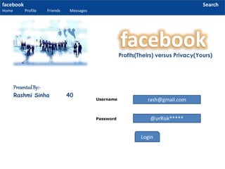 facebook
Home Profile Friends Messages
Search
PresentedBy:-
Rashmi Sinha 40
facebookProfits(Theirs) versus Privacy(Yours))
rash@gmail.com
@urRisk*****
Login
Username
Password
 