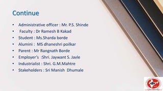 Continue
• Administrative officer : Mr. P.S. Shinde
• Faculty : Dr Ramesh B Kakad
• Student : Ms.Sharda borde
• Alumini : MS dhaneshri poilkar
• Parent : Mr Rangnath Borde
• Employer’s :Shri. Jaywant S. Javle
• Industrialist : Shri. G.M.Mahtre
• Stakeholders : Sri Manish Dhumale
 