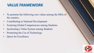 VALUE FRAMEWORK
• To promote the following core values among the HEIs of
the country:
• Contributing to National Development
• Fostering Global Competencies among Students
• Inculcating a Value System among Students
• Promoting the Use of Technology
• Quest for Excellence
 