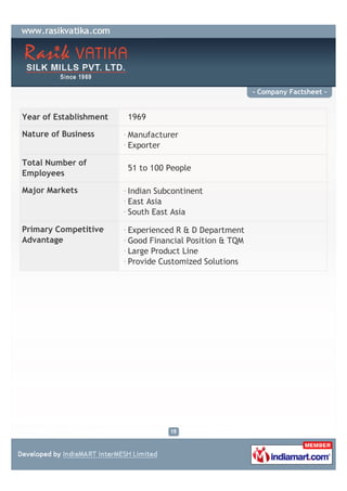 - Company Factsheet -


Year of Establishment   1969

Nature of Business      Manufacturer
                        Exporter

Total Number of
                        51 to 100 People
Employees

Major Markets           Indian Subcontinent
                        East Asia
                        South East Asia

Primary Competitive     Experienced R & D Department
Advantage               Good Financial Position & TQM
                        Large Product Line
                        Provide Customized Solutions
 