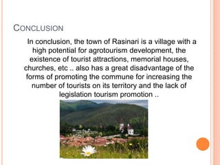 CONCLUSION
In conclusion, the town of Rasinari is a village with a
high potential for agrotourism development, the
existence of tourist attractions, memorial houses,
churches, etc .. also has a great disadvantage of the
forms of promoting the commune for increasing the
number of tourists on its territory and the lack of
legislation tourism promotion ..
 