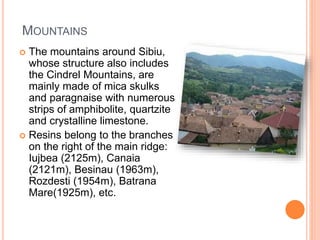 MOUNTAINS
 The mountains around Sibiu,
whose structure also includes
the Cindrel Mountains, are
mainly made of mica skulks
and paragnaise with numerous
strips of amphibolite, quartzite
and crystalline limestone.
 Resins belong to the branches
on the right of the main ridge:
Iujbea (2125m), Canaia
(2121m), Besinau (1963m),
Rozdesti (1954m), Batrana
Mare(1925m), etc.
 