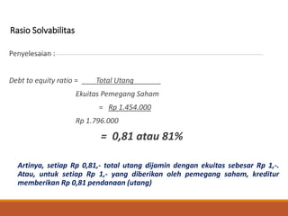 Penyelesaian :
Debt to equity ratio = Total Utang %
Ekuitas Pemegang Saham
= Rp 1.454.000%
Rp 1.796.000
= 0,81 atau 81%
Ar...