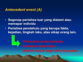 Antecedent event (A)

• Segenap peristiwa luar yang dialami atau
  memapar individu
• Peristiwa pendahulu yang berupa fakta,
  kejadian, tingkah laku, atau sikap orang lain.

           Perceraian suatu keluarga
           Kelulusan bagi siswa
           Seleksi masuk bagi calon karyawan
 