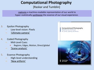 Computational Photography  [Raskar and Tumblin] <ul><li>Epsilon Photography </li></ul><ul><ul><li>Low-level vision: Pixels...