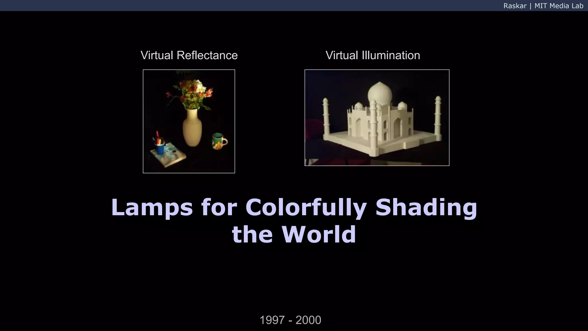 Raskar | MIT Media Lab
Virtual Reflectance Virtual Illumination
Lamps for Colorfully Shading
the World
1997 - 2000
 