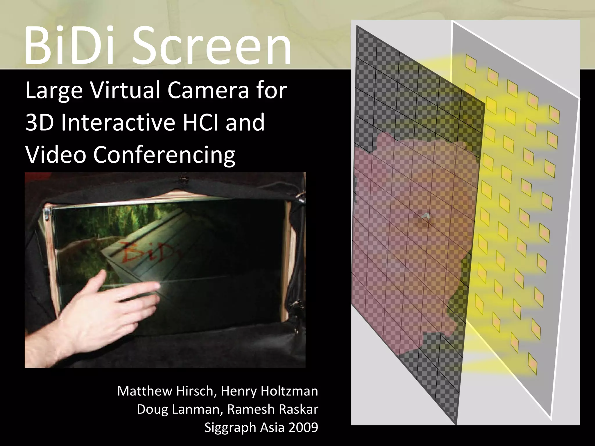 Large Virtual Camera for  3D Interactive HCI and  Video Conferencing Matthew Hirsch, Henry Holtzman Doug Lanman, Ramesh Raskar Siggraph Asia 2009 BiDi Screen 
