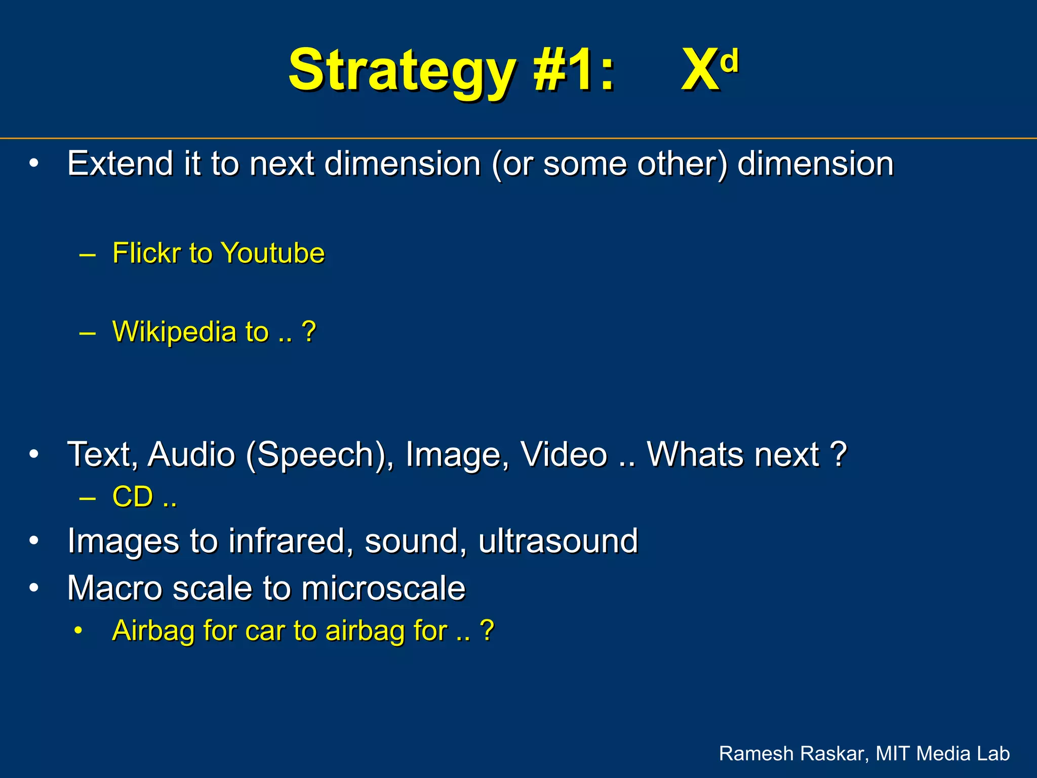 Strategy #1:  X d Extend it to next dimension (or some other) dimension Flickr to Youtube Wikipedia to .. ? Text, Audio (Speech), Image, Video .. Whats next ? CD .. Images to infrared, sound, ultrasound Macro scale to microscale Airbag for car to airbag for .. ? 