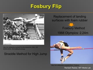 Fosbury Flip http://en.wikipedia.org/wiki/File:Bundesarchiv_Bild_183-S0305-0030,_Rolf_Beilschmidt.jpg http://en.wikipedia.org/wiki/Dick_Fosbury Straddle Method for High Jump Fosbury Method Replacement of landing surfaces with foam rubber 1968 Olympics: 2.24m 
