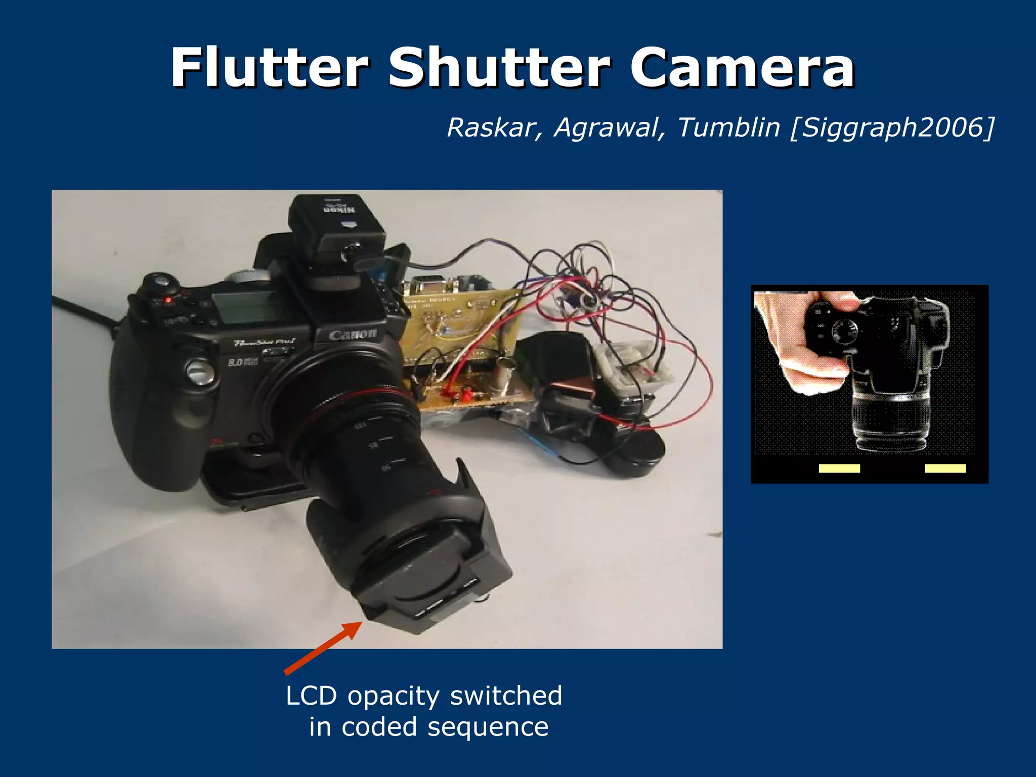 Flutter Shutter Camera Raskar, Agrawal, Tumblin [Siggraph2006] LCD opacity switched  in coded sequence 