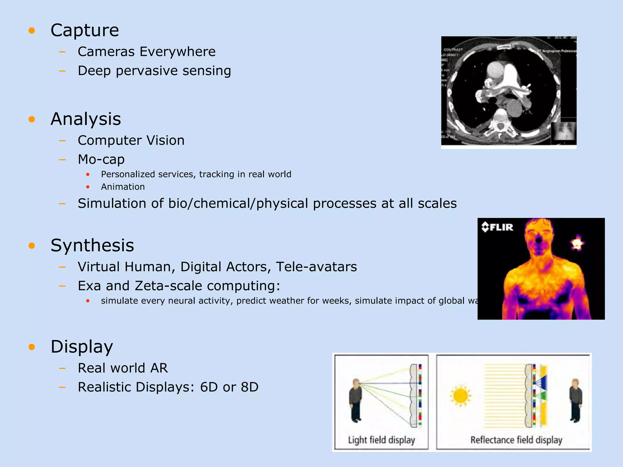Capture Cameras Everywhere Deep pervasive sensing Analysis Computer Vision Mo-cap  Personalized services, tracking in real world Animation Simulation of bio/chemical/physical processes at all scales Synthesis Virtual Human, Digital Actors, Tele-avatars Exa and Zeta-scale computing:  simulate every neural activity, predict weather for weeks, simulate impact of global warming Display Real world AR Realistic Displays: 6D or 8D 