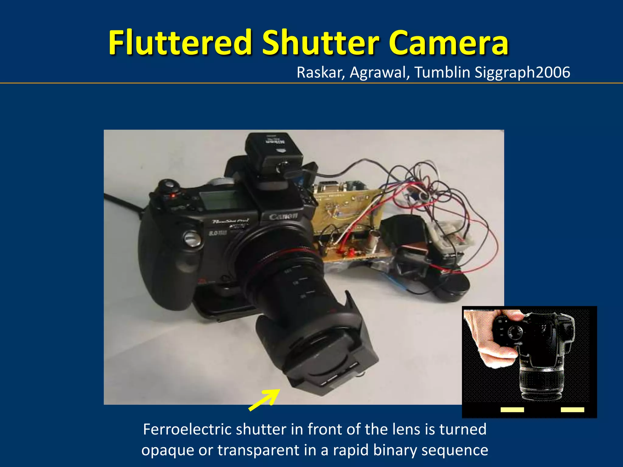 Fluttered Shutter CameraRaskar, Agrawal, Tumblin Siggraph2006Ferroelectric shutter in front of the lens is turnedopaque or transparent in a rapid binary sequence