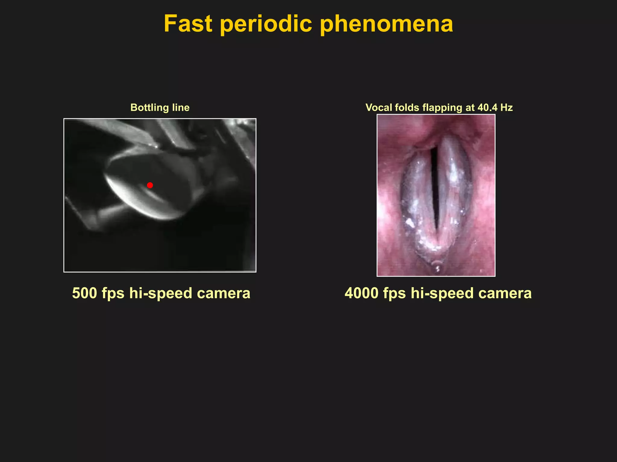 Fast periodic phenomenaVocal folds flapping at 40.4 HzBottling line4000 fps hi-speed camera500 fps hi-speed camera