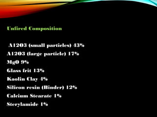 Unfired Composition
 A12O3 (small particles) 43%
A12O3 (large particle) 17%
MgO 9%
Glass frit 13%
Kaolin Clay 4%
Silicon resin (Binder) 12%
Calcium Stearate 1%
Sterylamide 1%

 
