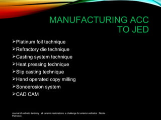 MANUFACTURING ACC
TO JED
Platinum foil technique
Refractory die technique
Casting system technique
Heat pressing technique
Slip casting technique
Hand operated copy milling
Sonoerosion system
CAD CAM

Journal of esthetic dentistry : all ceramic restorations: a challenge for anterior esthetics : Nicola
Pietrobon

 