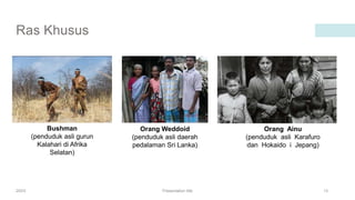 Ras Khusus
20XX Presentation title 13
Bushman
(penduduk asli gurun
Kalahari di Afrika
Selatan)
Orang Weddoid
(penduduk asli daerah
pedalaman Sri Lanka)
Orang Ainu
(penduduk asli Karafuro
dan Hokaido i Jepang)
 