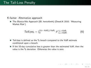 The Tail-Loss Penalty
K-factor: Alternative approach
The Blanco-Ihle Approach (BI, henceforth) (Dowd,K 2010: ’Measuring
Market Risk’)
TailLosst = {
(Lt−VaRt )/VaRt
0 if Lt >VaRt
Lt <VaRt (6)
Tail-loss is deﬁned as the % breach compared to the VaR estimate
conditional upon a breach.
If the 10-day cumulative loss is greater than the estimated VaR, then the
value is the % deviation. Otherwise the value is zero.
14 / 21
 