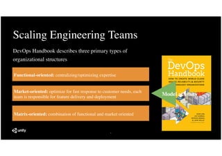 DevOps Handbook describes three primary types of
organizational structures
Scaling Engineering Teams
8
Matrix-oriented: co...