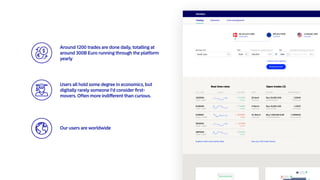 Around 1200 trades are done daily, totalling at
around 300B Euro running through the platform
yearly
Our users are worldwide
Users all hold some degree in economics, but
digitally rarely someone I'd consider ﬁrst-
movers. Often more indifferent than curious.
 