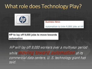 H P will lay off 9,000 workers over a multiyear period
while moving toward automation at its
commercial data centers, U. S. technology giant has
said.
 