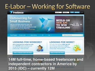 14M full-time, home-based freelancers and
independent contractors in America by
2015 (IDC) – currently 12M
 
