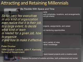 Be Flexible With Space and Time
                 • Create engaging environments
                 • Incorporate flexibility into work schedules, locations, and arrangements
So far, very few executives
                   (telework, work at home, and job share)
in any kind of organization
even realize that it isOpportunity
               Create their job,
to a large extent, to decide of projects, assignments, and career
               • Integrate into a variety
                 opportunities
what kind of team effective training and mentoring opportunities
               • Create
is needed for a given job, how
to organize Harness Talent
it and how to make it effective.
               • Leverage diversity
                 • Effectively apply skills across a variety of roles
                 • Capture and share “just-in-time” knowledge 
Peter Drucker
1994 Godkin Lecture, John F. Kennedy
                 Respect the Workstyle
School of Government
                 • Manage with collaborative team-based projects and a creative work
                   environment
                 • Support the pursuit of outside activities, both professional and social
 