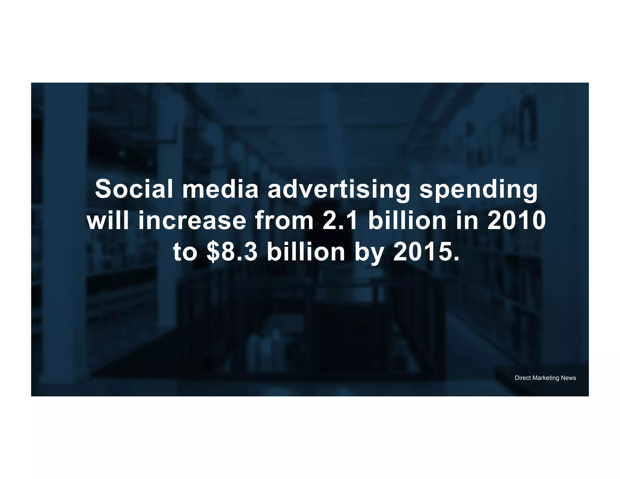 Social media advertising spending
will increase from 2.1 billion in 2010
        to $8.3 billion by 2015.



                                   Direct Marketing News
 