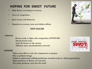 HOPING FOR SWEET FUTURE
• Make Rasna 'everything to everyone.
• Views of competition.
• Joint venture with Delmonte
• Depends on economy, taste and children affinity
SWOTANALYSIS
STRENGTHS
Always ready to fight with competition ATTITUDE
Strong brand name
Suits all classes of the society
Efficient sales and distribution network
WEAKNESS
Takes extra effort to mix the components to prepare
Has a synthetic image
Failed to understand shifting preference towards ready-to- drink preparations.
Major products of Rasna are seasonal.
Too many products, may lose the track
 