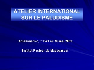 ATELIER INTERNATIONAL
  SUR LE PALUDISME



 Antananarivo, 7 avril au 16 mai 2003

   Institut Pasteur de Madagascar
 