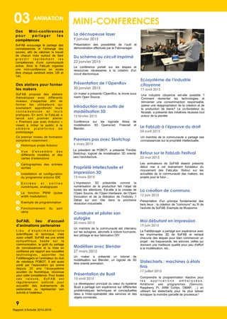 MINI-CONFERENCES
7
La découpeuse laser
9 janvier 2015
Présentation des possibilités de l’outil et
démonstration effectuée par le Fabmanager.
03 ANIMATION
Du schéma au circuit imprimé
23 janvier 2015
La conférence portait sur les étapes et
ressources nécessaires à la création d'un
circuit électronique.
Présentation de l’OpenRov
30 janvier 2015
Un maker a présenté l’OpenRov, le drone sous
marin Open Source.
Introduction aux outils de
modélisation 3D
13 février 2015
Conférence sur les logiciels libres de
modélisation 3D Openscad, Freecad et
Blender.
Premiers pas avec Sketchup
6 mars 2015
Le président de POBOT, a présenté Trimble
Sketchup, logiciel de modélisation 3D orienté
vers l'architecture.
Propriété intellectuelle et
impression 3D
13 mars 2015
L’impression 3D présentée comme la
numérisation de la production fait l’objet de
toutes les attentions. Est-elle à la croisée de
l’Open Source, de l’Open Hardware, de l’Open
Innovation et de la libération de l’individu ?
Débat sur son rôle dans la prochaine
révolution industrielle.
Construire et piloter son
autogire
20 mars 2015
Un membre de la communauté est intervenu
sur les autogires, aéronefs à voilure tournante,
leur pilotage et leur fabrication DIY
Modéliser avec Blender
27 mars 2015
Un maker a présenté un tutoriel de
modélisation sur Blender, un logiciel de 3D
libre orienté animation.
Ecosystème de l’industrie
citoyenne
17 avril 2015
Une industrie citoyenne est-elle possible ?
Comment réorienter les technologies et
réinventer une consommaction responsable,
opérer une réappropriation de la création et de
la production de biens? Le co-fondateur du
Nicelab, a présenté des initiatives réussies tout
autour de la planète
Le FabLab à l’épreuve du droit
24 avril 2015
Un membre de la communauté a partagé ses
connaissances sur la propriété intellectuelle.
Retour sur le FabLab Festival
22 mai 2015
Les animateurs de SoFAB étaient présents
début mai à cet événement fondateur du
mouvement des FabLabs. Retour sur les
actualités de la communauté des makers, les
projets pour le futur...
La création de communs
12 juin 2015
Présentation d'un principe fondamental des
tiers lieux : la création de "communs" au fil de
l'activité de SoFAB. Exemple de Museomix.
Moi débutant en impression
19 juin 2015
Le FabManager a partagé son expérience avec
les imprimantes 3D de SoFAB et retracé
chacune des étapes pour bien commencer un
projet : les traquenards, les astuces, celles qui
donnent une meilleure qualité pour peu d'effort
à la modélisation, etc..
Statecharts : machines à états
finis
17 juillet 2015
Comprendre la programmation réactive pour
l e s a p p l i c a t i o n s e m b a r q u é e s .
Améliorer ses programmes (Genuino,
Raspberry Pi, ARM Cortex, OMAP, ...) en
utilisant les statecharts pour ne plus laisser
échapper la moindre parcelle de processus !
Présentation de Busit
10 avril 2015
Le développeur principal du cœur du système
Busit a partagé son expérience sur différentes
problématiques techniques et conceptuelles
liées à l'inter-opérabilité des services et des
objets connectés.
Des Mini-conférences
pour partager les
compétences
SoFAB encourage le partage des
connaissances et l’échange des
savoirs, afin de valoriser le travail
de chacun mais surtout de faire
g r a n d i r r a p i d e m e n t l e s
compétences d’une communauté
active. Ainsi le FabLab organise
une mini-conférence en accès
libre chaque vendredi entre 12h et
14h.
Des ateliers pour former
les makers
SoFAB propose des ateliers
thématiques avec différents
niveaux d’expertise afin de
former les utilisateurs qui
souhaitent approfondir leurs
c o n n a i s s a n c e s e t l e u r s
pratiques. En avril, le FabLab a
lancé son premier atelier
« Premiers pas avec Arduino »
visant à initier le public à la
c é l è b r e p l a t e f o r m e d e
prototypage.
Ce premier niveau de formation
comprend notamment :
Historique projet Arduino
V u e d ' e n s e m b l e d e s
différents modèles et des
cartes d'extensions
Cartographies des entrées
sorties
Installation et configuration
du programme arduino IDE
E n t r é e s e t s o r t i e s
numériques, analogiques
La fonction PWM (pulse
width modulation)
Exemple de programmation
Fonctionnement du port
série
SoFAB, lieu d’accueil
d’animations partenaires
L i e u d ’ e x p é r i m e n t a t i o n s
scientifiques et technique, mais
aussi créatif, SoFAB est une entité
sympathique basée sur la
communication, le goût du partage
de connaissances et la mise en
confiance par rapport aux nouvelles
technologies, apportée les
FabManagers et l’animateur du club
de robotique POBOT. Il est aussi
porté par l’association qui anime
depuis 25 ans l’écosystème
azuréen du Numérique, reconnue
pour cette compétence. Pour toutes
c es r ais ons , S oFA B es t
régulièrement sollicité pour
accueillir des événements de
partenaires ou représenter son
activité à l’extérieur.
9
Rapport d’Activité 2014-2016
 