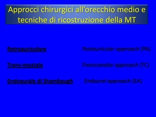 Approcci chirurgici all’orecchio medio e
  tecniche di ricostruzione della MT


Retroauricolare           Postauricular approach (PA)

Trans-meatale             Transcanalar approach (TC)

Endoaurale di Shambaugh   Endaural approach (EA)
 