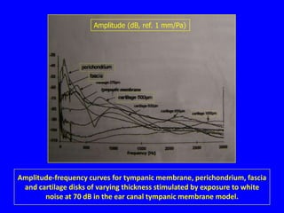 Amplitude (dB, ref. 1 mm/Pa)




Amplitude-frequency curves for tympanic membrane, perichondrium, fascia
 and cartilage disks of varying thickness stimulated by exposure to white
       noise at 70 dB in the ear canal tympanic membrane model.
 