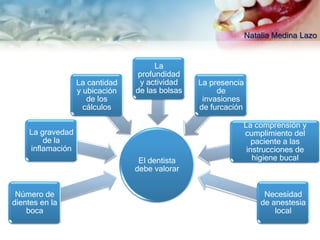 Natalia Medina Lazo


                                     La
                                profundidad
                  La cantidad    y actividad    La presencia
                  y ubicación   de las bolsas        de
                     de los                      invasiones
                    cálculos                    de furcación

                                                           La comprensión y
    La gravedad                                            cumplimiento del
        de la                                                 paciente a las
    inflamación                                             instrucciones de
                                 El dentista                  higiene bucal
                                debe valorar


 Número de                                                          Necesidad
dientes en la                                                      de anestesia
    boca                                                               local
 