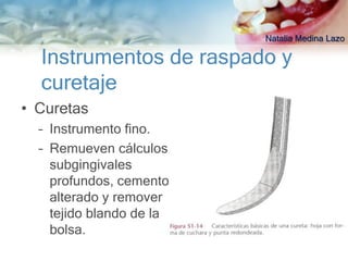 Natalia Medina Lazo

  Instrumentos de raspado y
  curetaje
• Curetas
  – Instrumento fino.
  – Remueven cálculos
    subgingivales
    profundos, cemento
    alterado y remover
    tejido blando de la
    bolsa.
 