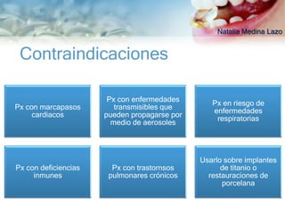 Natalia Medina Lazo


 Contraindicaciones

                       Px con enfermedades
                                                 Px en riesgo de
Px con marcapasos        transmisibles que
                                                 enfermedades
     cardiacos        pueden propagarse por
                                                  respiratorias
                        medio de aerosoles




                                              Usarlo sobre implantes
Px con deficiencias     Px con trastornsos          de titanio o
     inmunes           pulmonares crónicos      restauraciones de
                                                    porcelana
 