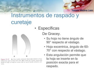 Natalia Medina Lazo

Instrumentos de raspado y
curetaje
        • Específicas
          – De Gracey.
            • Su hoja no tiene ángulo de
              90° respecto al vástago.
            • Hoja excentrica, ángulo de 60-
              70° con respecto al vástago.
            • Esta angulación permite que
              la hoja se inserte en la
              posición exacta para el
              raspado.
 