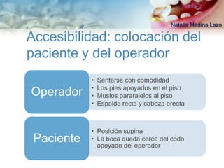 Natalia Medina Lazo

Accesibilidad: colocación del
paciente y del operador
            •   Sentarse con comodidad
            •   Los pies apoyados en el piso
Operador    •   Muslos pararalelos al piso
            •   Espalda recta y cabeza erecta



            • Posición supina
 Paciente   • La boca queda cerca del codo
              apoyado del operador
 