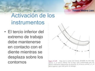 Natalia Medina Lazo

    Activación de los
    instrumentos
• El tercio inferior del
  extremo de trabajo
  debe mantenerse
  en contacto con el
  diente mientras se
  desplaza sobre los
  contornos
 
