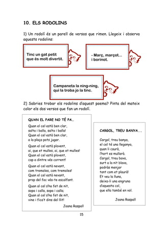 10. ELS RODOLINS

1) Un rodolí és un parell de versos que rimen. Llegeix i observa
aquests rodolins:


 Tinc un gat petit                          - Març, marçot...
 que és molt divertit.                      i borinot.




                    Campaneta la ning-ning,
                    qui la troba jo la tinc.


2) Sabries trobar els rodolins d’aquest poema? Pinta del mateix
color els dos versos que fan un rodolí.

  QUAN EL PARE NO TÉ PA…
  Quan el cel està ben clar,
  salta i balla, salta i balla!                 CARGOL, TREU BANYA...
  Quan el cel està ben clar,
  a la plaça pots jugar.                        Cargol, treu banya,
  Quan el cel està plovent,                     el cel té una lleganya,
  ai, que et mulles, ai, que et mulles!         quan li caurà,
  Quan el cel està plovent,                     l’hort es mullarà.
  cap a dintre vés corrent!                     Cargol, treu bava,
                                                surt a la nit blava,
  Quan el cel està nevant,                      podràs menjar
  com tremoles, com tremoles!                   tant com et plaurà!
  Quan el cel està nevant,                      Et veu la lluna,
  prop del foc vés-te escalfant.                deixa-li una engruna
  Quan al cel s’ha fet de nit,                  d’aquesta col,
  sopa i calla, sopa i calla;                   que ella també en vol.
  Quan al cel s’ha fet de nit,
  vine i fica’t dins del llit!                            Joana Raspall
                            Joana Raspall

                                      15
 