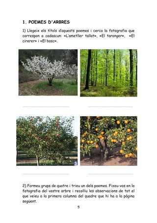1. POEMES D'ARBRES
1) Llegeix els títols d’aquests poemes i cerca la fotografia que
correspon a cadascun: «L’ametller tallat», «El taronger», «El
cirerer» i «El bosc».




………………………………………...……                 ……………………………………………




………………………………………...……                 ……………………………………………



2) Formeu grups de quatre i trieu un dels poemes. Fixeu-vos en la
fotografia del vostre arbre i recolliu les observacions de tot el
que veieu a la primera columna del quadre que hi ha a la pàgina
següent.
                               5
 