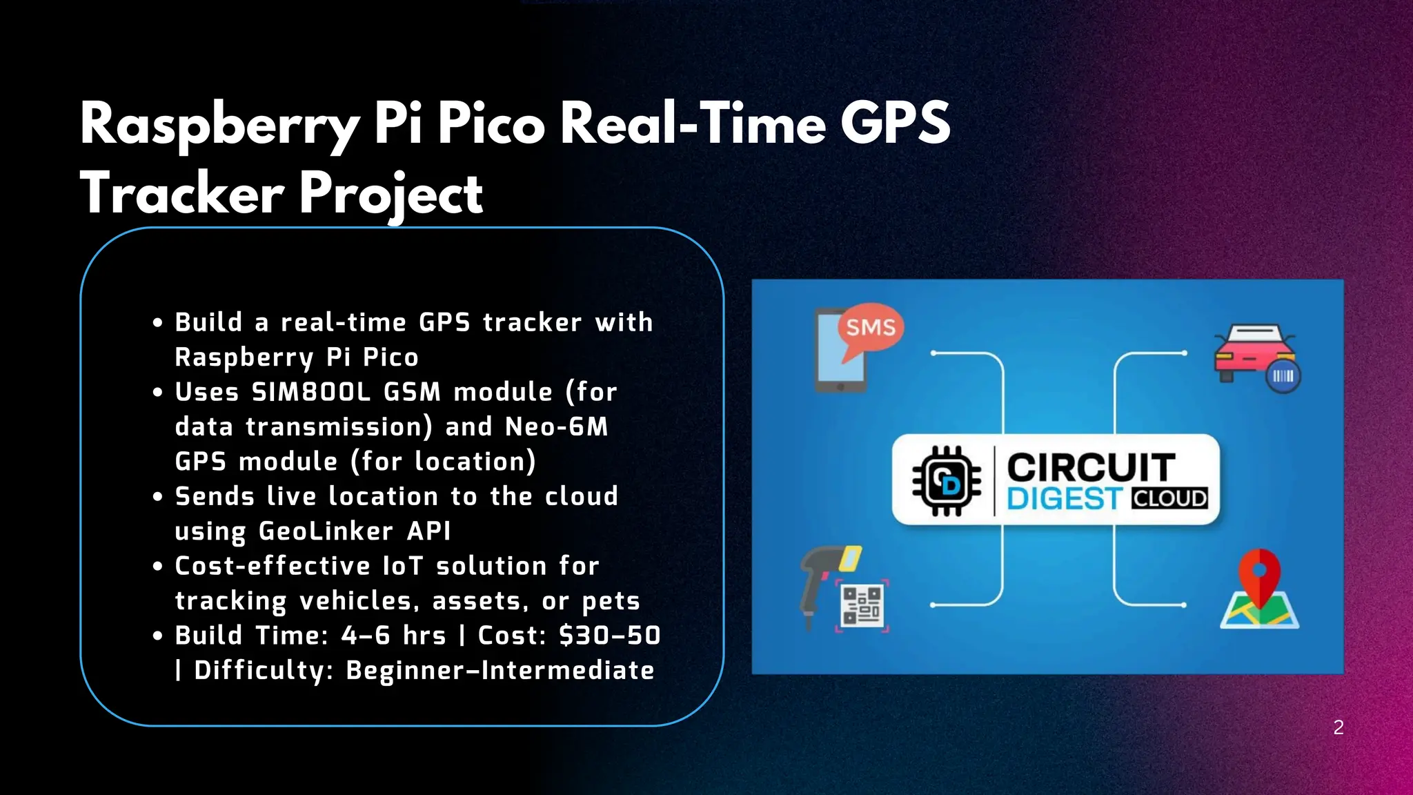 Raspberry Pi Pico Real-Time GPS Tracker Project Build a real-time GPS tracker with Raspberry Pi Pico Uses SIM800L GSM module (for data transmission) and Neo-6M GPS module (for location) Sends live location to the cloud using GeoLinker API Cost-effective IoT solution for tracking vehicles, assets, or pets Build Time: 4–6 hrs | Cost: $30–50 | Difficulty: Beginner–Intermediate 2
