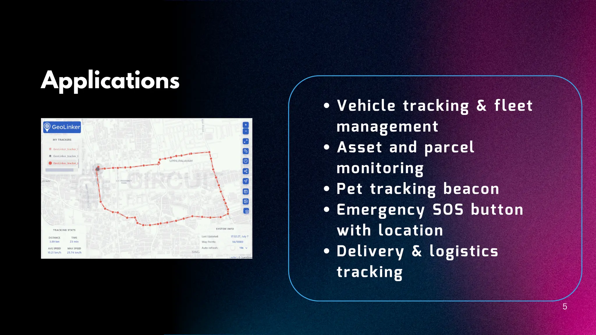 Applications 5 Vehicle tracking & fleet management Asset and parcel monitoring Pet tracking beacon Emergency SOS button with location Delivery & logistics tracking