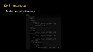 Ansible : évolution inventory
DNS : /etc/hosts
 