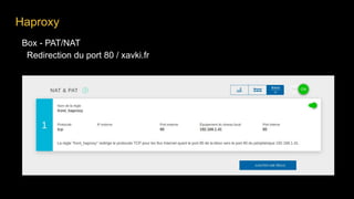 Box - PAT/NAT
Redirection du port 80 / xavki.fr
Haproxy
 