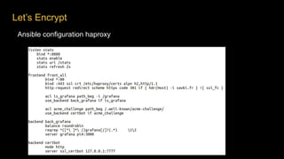 Ansible configuration haproxy
Let’s Encrypt
 