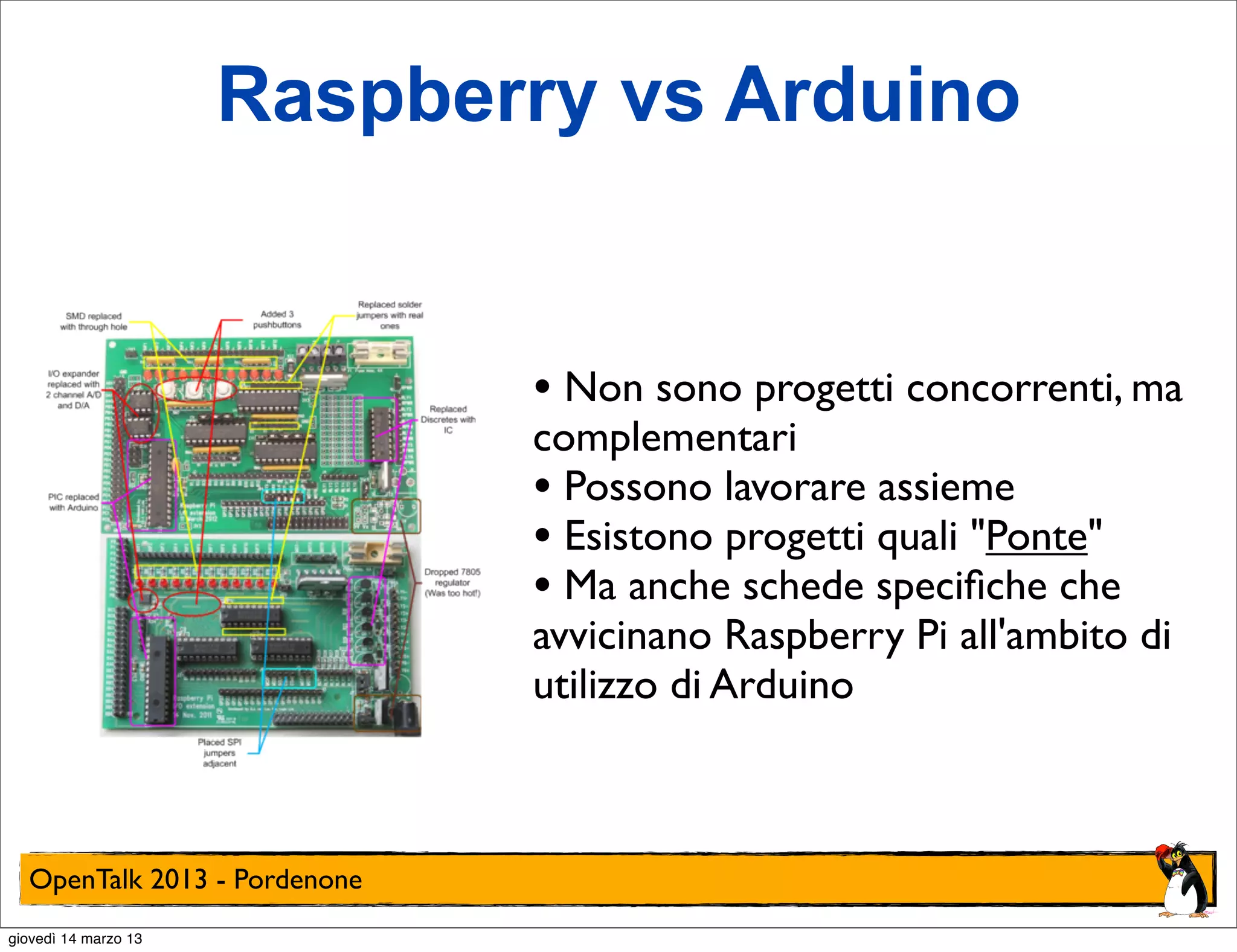 Raspberry vs Arduino


                              • Non sono progetti concorrenti, ma
                              complementari
                              • Possono lavorare assieme
                              • Esistono progetti quali "Ponte"
                              • Ma anche schede speciﬁche che
                              avvicinano Raspberry Pi all'ambito di
                              utilizzo di Arduino



  OpenTalk 2013 - Pordenone
giovedì 14 marzo 13
 